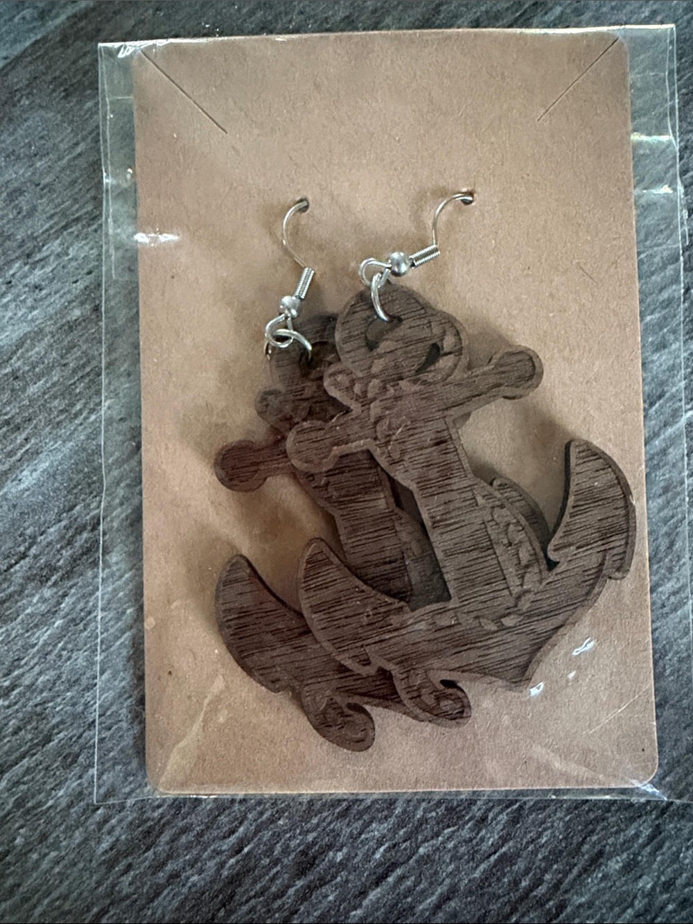 Hand Crafted Dark Brown Anchor Wooden Dangle Earrings